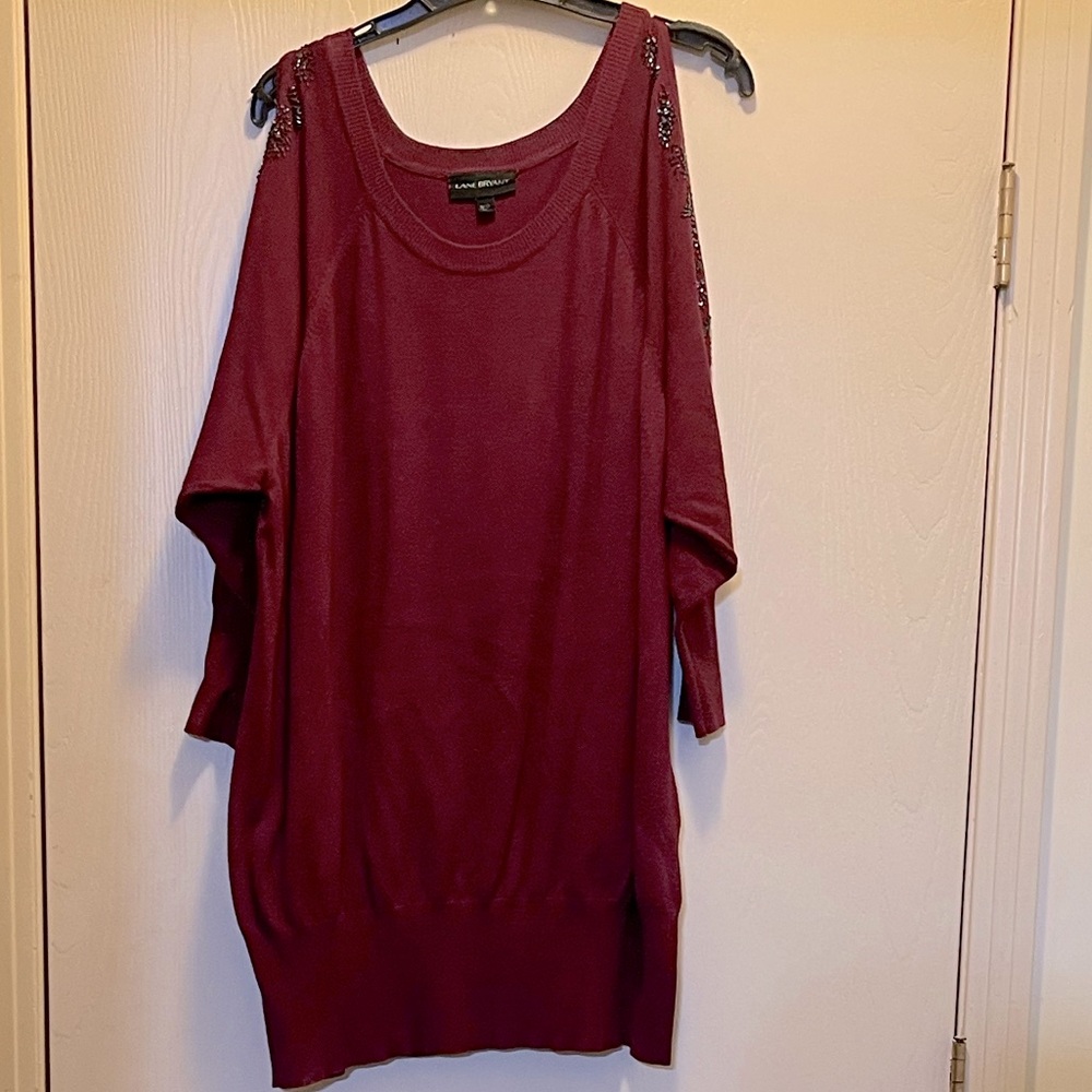 Lane Bryant Maroon Beaded Cold Shoulder Sweater Tunic Size 18/20